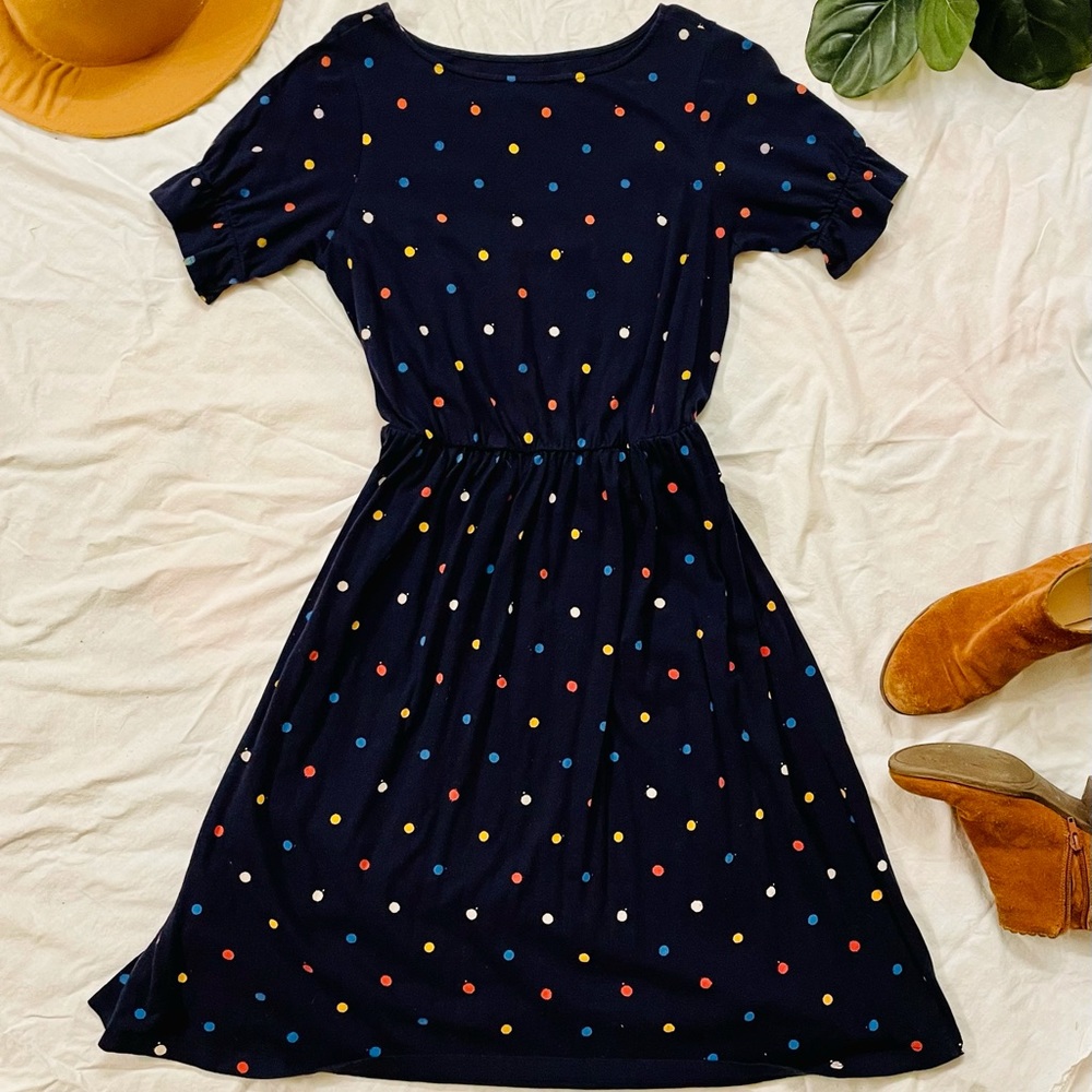 Sophie and Sam Navy blue Paint Splotch Polk Dots Dress Small